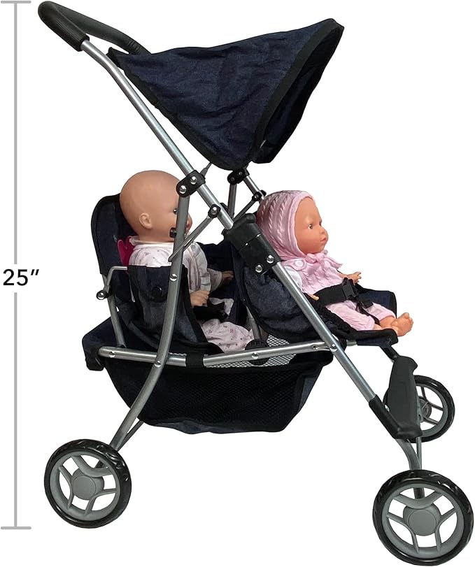 Double Baby Doll Stroller for Twin Dolls | Toy Doll Stroller for Toddlers, 4 Year Old, 5 Year Old Girls, 8 Year Old | 25” Tandem Play Toy Stroller for Baby Dolls, Denim Baby Stroller for Dolls