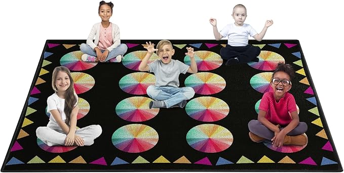 Classroom Rug Carpet Elementary School Nursery Library Circle Time Rug Non Slip Soft Washable Seating Reading Colorful Rolling Packing Teacher Rug (Multi Color, 8'6" x 6'7" (Rectangular))