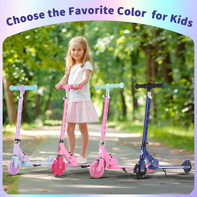 BELEEV V3 Scooter for Kids with Light-Up Wheels & Stem & Deck, 2 Wheel Folding Scooter for Girls Boys, 4 Adjustable Height, Lightweight Kick Scooter with Handy Kickstand for Children Ages 3-12