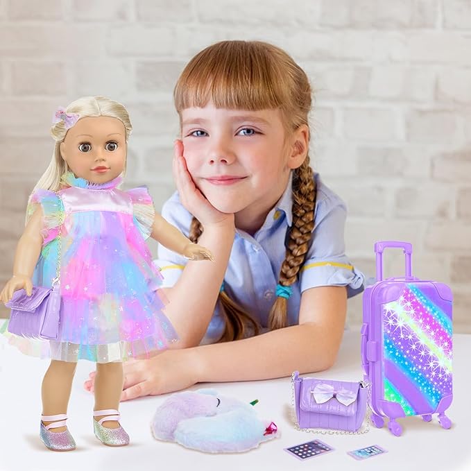 ZITA ELEMENT American 18 Inch Doll Suitcase and Clothes Accessories Set, 12 Pcs Doll Luggage Travel Play Set Fit for 18 Inch Girl Dolls (NO DOLL), Purple