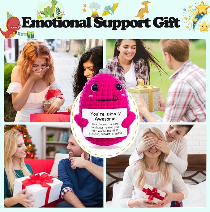 Funny Easter Basket Stuffers Positive Crochet Stuffed Animals Dinosaur, Stress Relief Gifts for College Student Graduation Boyfriend Husband Women Birthday Desk Decor (Hot Pink Dinosaur)