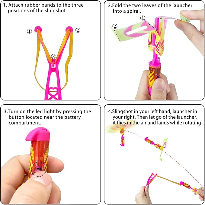 50 Pcs Slingshot Flying Toys with Led Lights,25 Pcs LED Arrow Helicopters + 25 Pcs Launchers,Summer Outdoor Game Glow in The Dark Party Supplies Party Favors for Kids 4-8,8-12 Bulk Toys