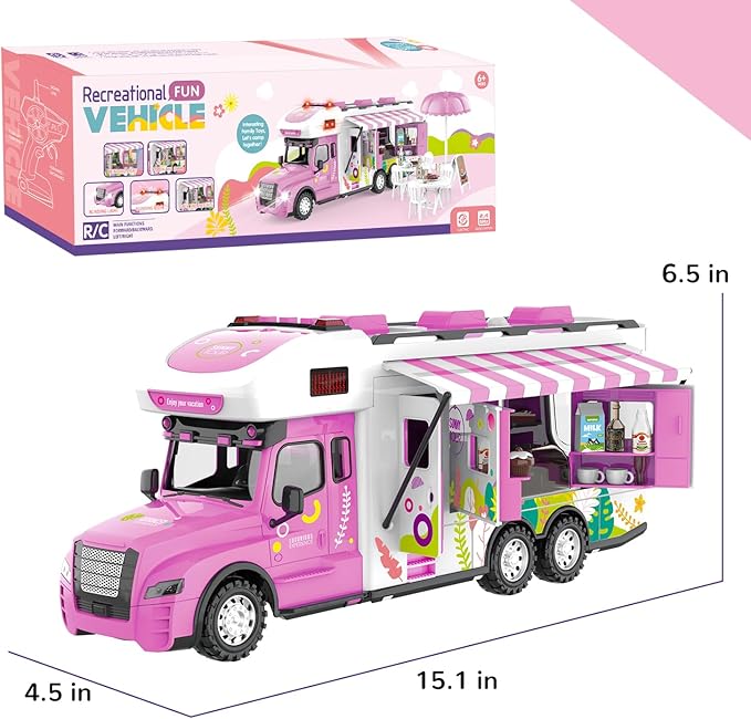Remote Control Camper Toys, RC Truck for Boys Pull Back Model Car Doors & Awning Open Light Sound, RC Food Car Age 3 4 5 6 7 8 Kids Toddlers Birthday Gifts