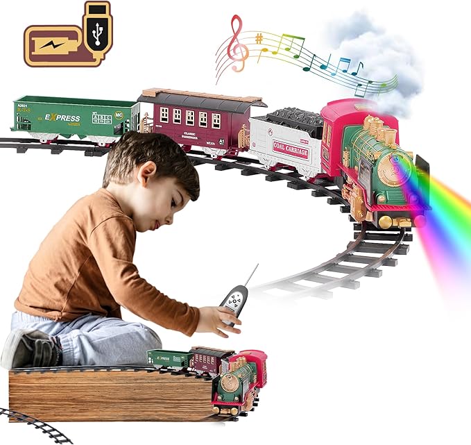 Train Set for Christmas Tree, Updated Chargeable Remote Control Electric Train Toy for Boys Girls w/Smokes, Lights & Sound, Railway Kits w/Steam Locomotive Engine, for 2 3 4 5 6 7 8+ Year Old Kids
