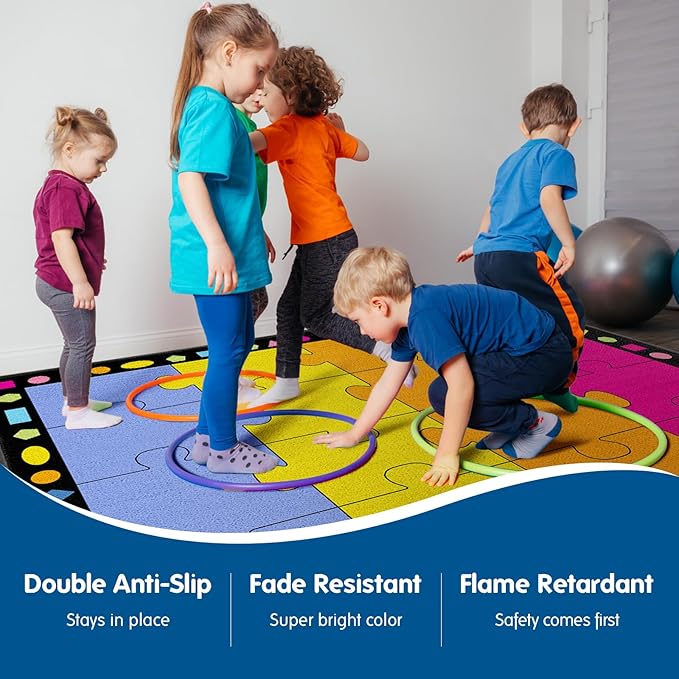 Booooom Jackson Classroom Rug Boom Puzzle Colorful Classroom Carpet 6'5"x8'5" 16 Seats for Playroom Homeschool Special Class Preschool Playroom Game Room Library Reading Circle Time Rubber