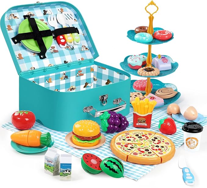 Kids Picnic Basket, Toy Food for Toddlers 1-3, Play Food Sets for Kids Kitchen Role Playset with Carry Case Fake Food Fruit Play Kitchen Accessories, Birthday for Toddler Girls Boys