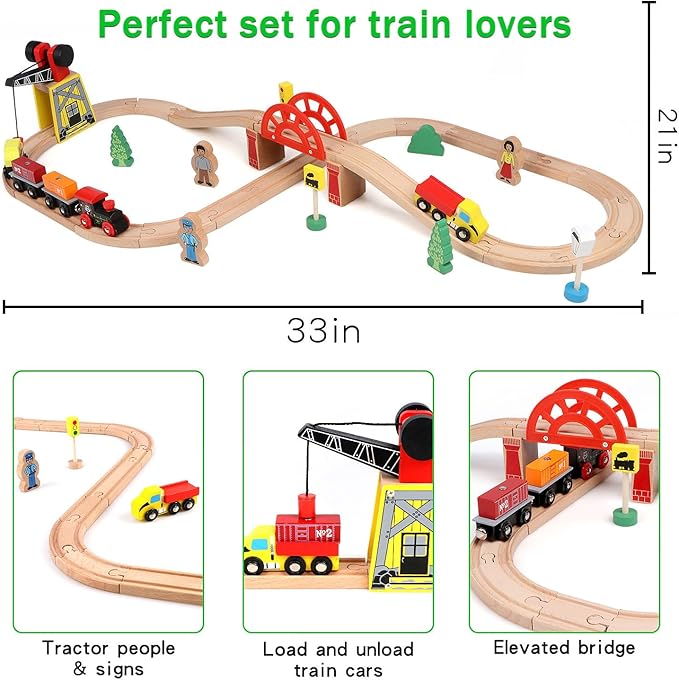 Qilay Wooden Train Set for Toddler - 39 Pcs Wooden Train Tracks with Crane, Bridge & 5 Wooden Trains - Train Toys for 3,4,5 Year Old Boys & Girls - Fit All Major Bands Train Tracks Set