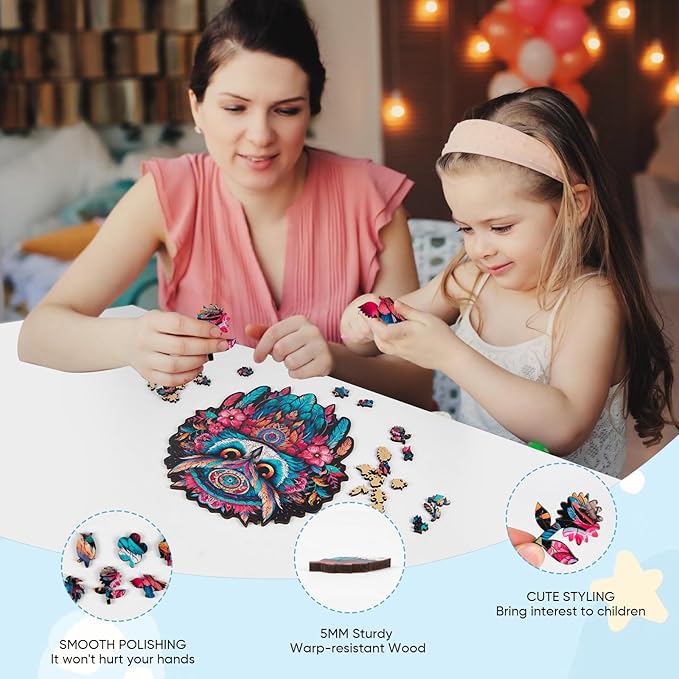 Feather Owl Wooden Jigsaw Puzzle for Adult and Kids 200 Pcs Unique Shape Wood Multicolor Beautiful Box Fun Challenge Brain Teaser Family Game Creative Gift for Friends Rompecabezas Madera