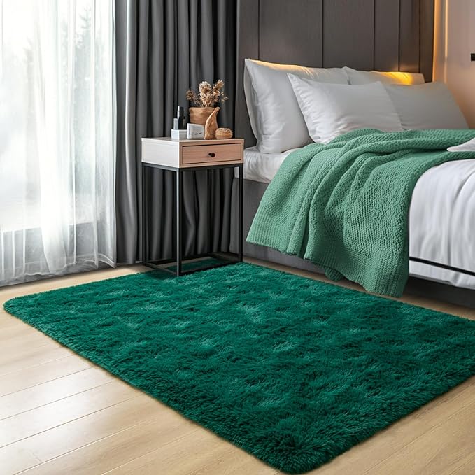 3x5 Dark Green Fluffy Bedside Area Rug Machine Washable, Small Shag Rugs Non Shedding for Living Room, Fluffy Carpet Anti Slip, Kids Playroom, Boy Girl Nursery
