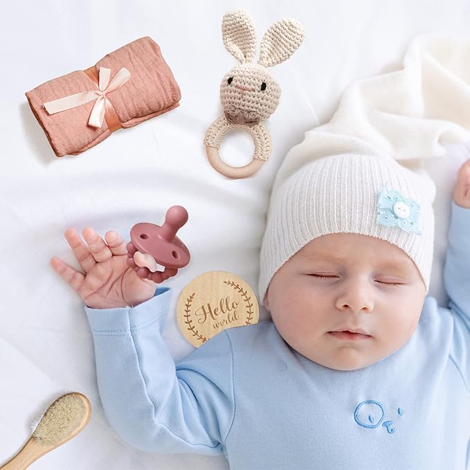 Baby Gift Set for Newborn, New Baby Bath Gift Set, 7 Pcs Baby Essentials Shower Set with Bath Towel, Teether, Rattle Toy, Pacifier Bag, Drool Towel, Brush, Wooden Milestone for Boy & Girls (Pink)