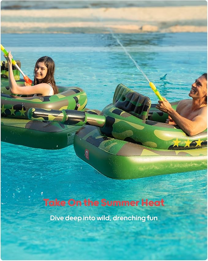 QPAU Inflatable Tank Pool Float for Adults & Kids – Ride-On Camouflage Floaty with Water Cannon, Swim Raft Toy for Boys Girls Ages 6+, Lake Beach Backyard Party Floaties