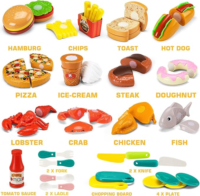 42 Items 87 Pcs Cutting Play Kitchen Set for Kids, Pretend Cooking Fruit &Vegetables&Fast Food with Storage Basket, Fake Food Toys for Toddler&Baby, Educational Gift for Girls Boys Children Birthday