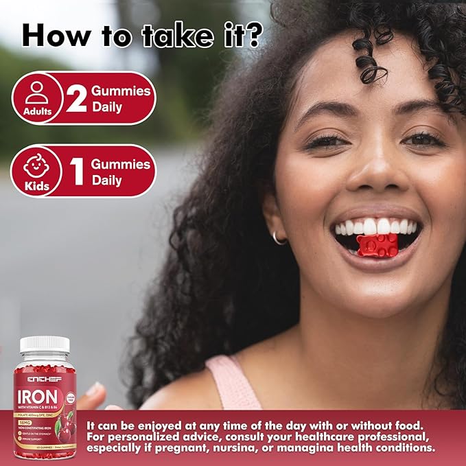 Iron Supplement for Women & Men Gummies, Multivitamin Blood Builder Iron Supplement with Folate Vitamin C B12 B6 Zinc for Adults & Kids - Energy Support - Cherry Flavor, Vegan 60 Gummies