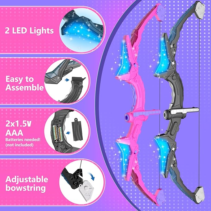 2 Pack Kids Bow and Arrow, 20 Suction Cup Arrows, 2 Archery Targets&Quiver, Light-up Set for Kids Ages 4-8 8-12, Indoor Outdoor Toys for Boys Girls, (Black & Pink