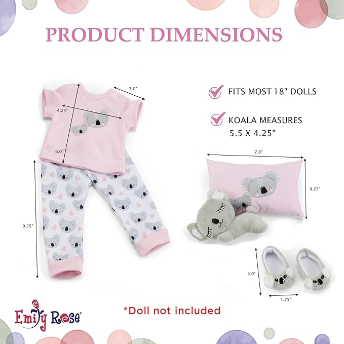 Emily Rose 18-Inch Doll Clothes 5-PC PJ Pajamas Sleepover Outfit & Accessories Set | 18" Doll Pajama Sleep Outfit with Slippers - Includes Pet Koala Toy and Pillow - Ideal Gift Set for Little Girls
