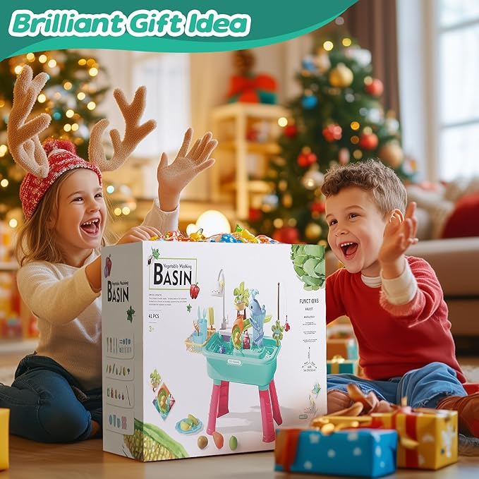 Kitchen Play Sink Toys with Running Water for Kid,4-in-1 Electric Water Table Toy with Animals, Food, Tableware Accessories,Color Changing Pretend Role Birthday Toy for Boy and Girl