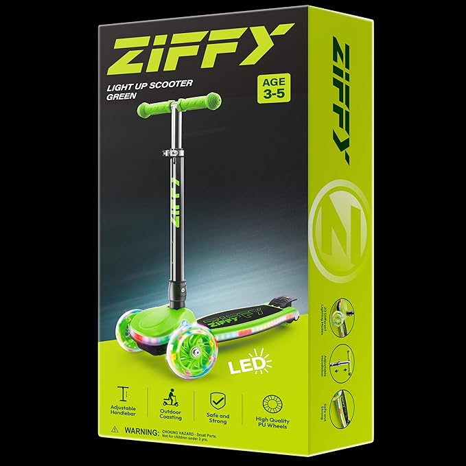 ZIFFY Kids Scooter for Boys & Girls LED Light-Up Wheels, 4 Adjustable Height Handlebars, and Lean-to-Steer Design with Anti-Slip Wide Deck for Stability - Up to 110LBS