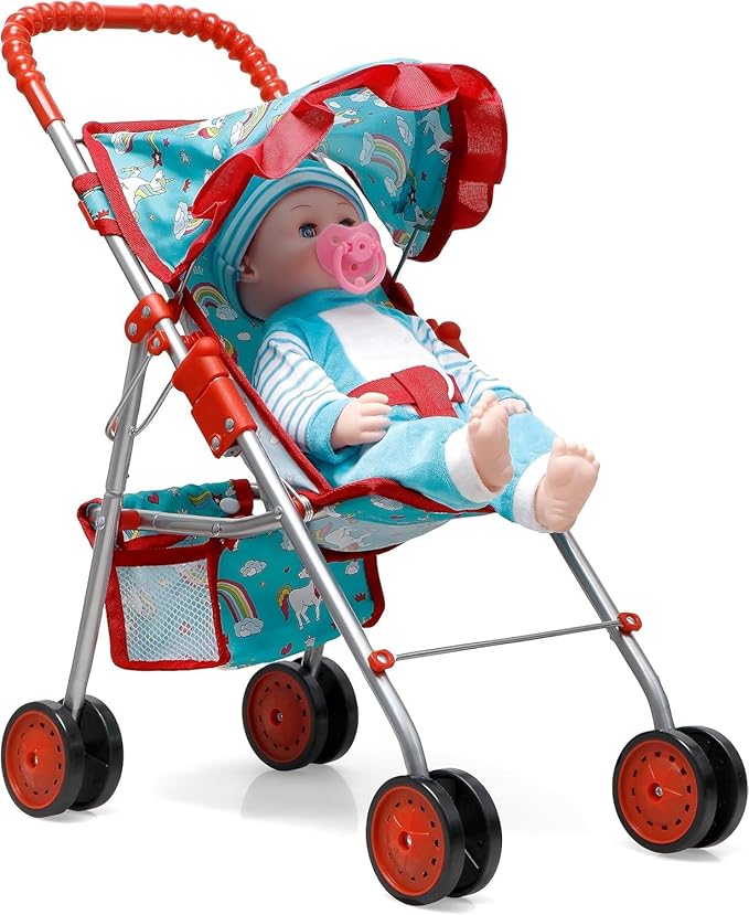 Fash N Kolor® Doll Stroller with Doll Feeding Bottles for Toddlers Boys, Girls, Little Kids - Toy Stroller with Bottom Storage Basket, Foldable Frame, Canopy, Seatbelt, Dolls Gift