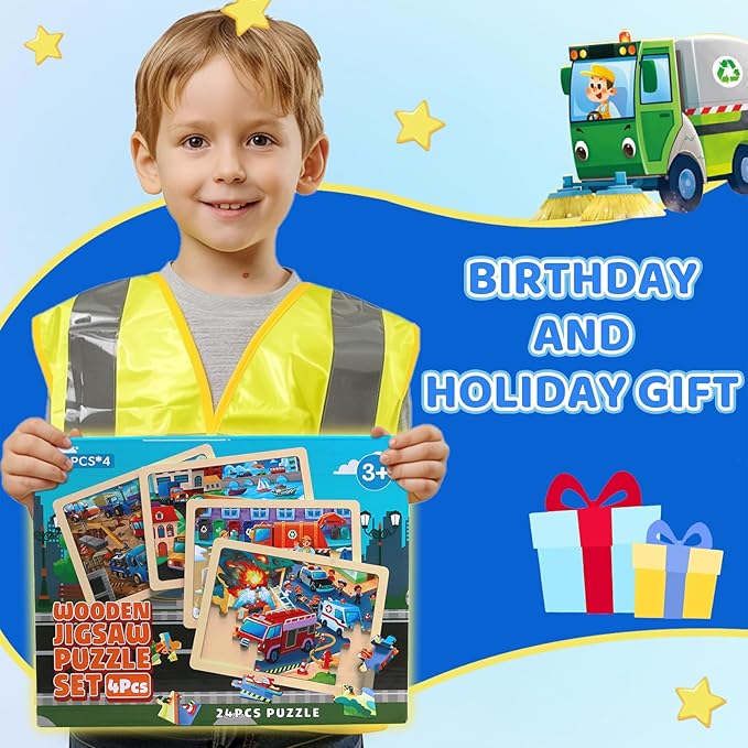 4 Pack Wooden Puzzles for Kids Ages 3-8 - City Life 24-Piece Educational Toddler Puzzles - Montessori Learning Toys for Boys Girls - Ideal Birthday Christmas Easter Gifts for Ages 3 4 5 6 7 8 Year Old