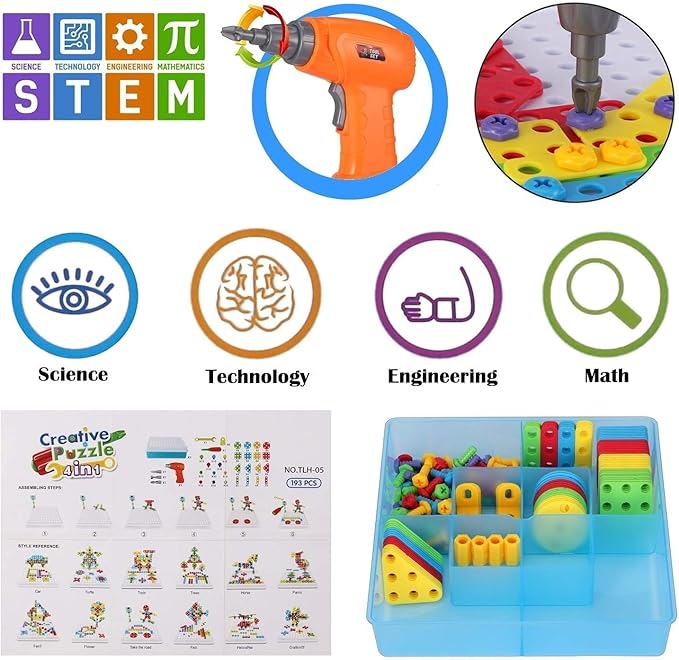 STEM Drill & Build Kit for Kids Ages 3-8 | Electric Toy Drill with 193+ Pieces (Screws, Nuts, Rainbow Fasteners) | Creative Design Construction Toys for Boys Girls | Gift for Birthdays, Christmas