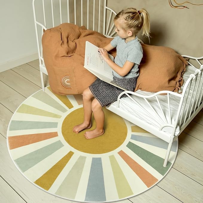 STARUIA Boho Round Rug 4 Ft Washable Area Rug for Kids Room, Colorful Sun Circle Rug for Playroom, Non-Slip Circular Office Carpet Soft Rainbow Rug for Bedroom Reading Corner Dorm