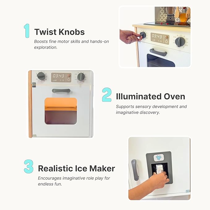 Wooden Play Kitchen for Kids with Working Sink & Faucet Toy – Montessori Sensory Pretend Playset for Toddlers 3-5 – Interactive Kids Kitchen Playset with Lights & Sounds