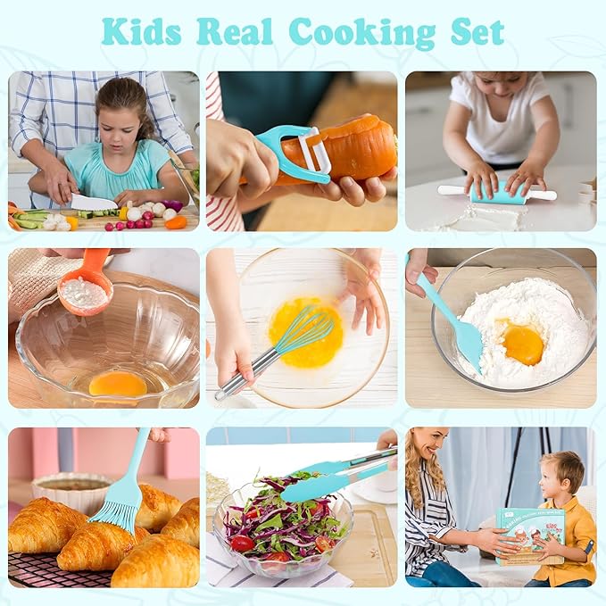 Kids Cooking Sets Real, Kids Cooking & Baking Set with Storage Case Kid Safe Knives Cutting Board Apron Cookbook Toddler Cooking Utensils, Montessori Kitchen Tools, Birthday Gifts Toys for Girls Boys