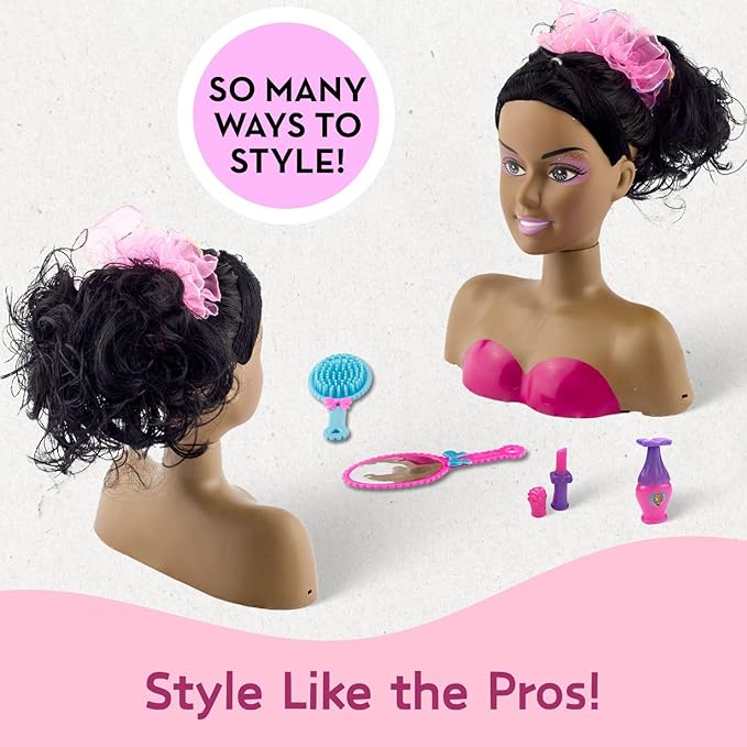 Liberty Imports African American Black Makeup and Hair Styling Doll Head Toy Playset with Real Washable Cosmetic and Fashion Dress Up Accessories for Girls Pretend Play