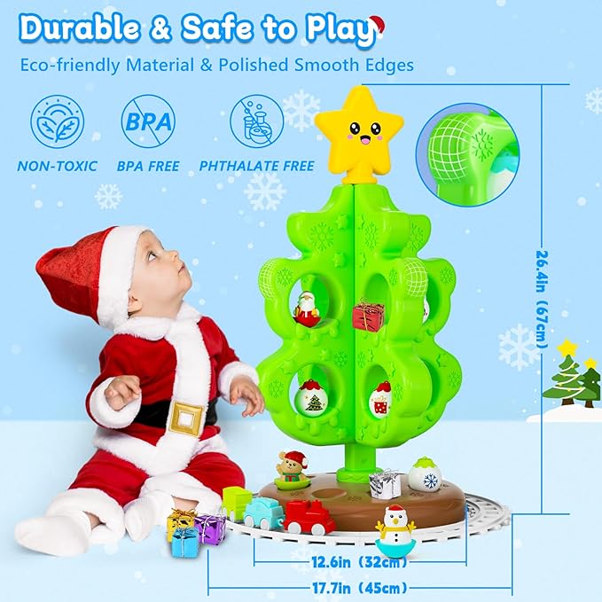 My First Christmas Tree for Toddlers, Musical Light Up Montessori Decor Toy with Ornaments, Mini Train Set, Roly Poly Toys, Finger Puppets, Birthday Xmas Gifts for Little Kids Boys and Girls