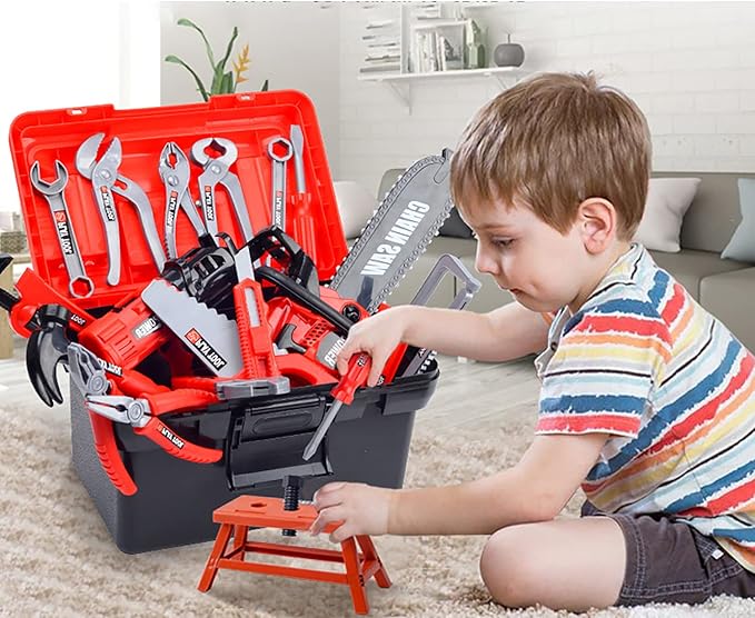 Kids Tool Set, 55 Pcs Kids Tool Set Pretend Play Kids Toys with Tool Box and Electronic Toy Drill, Toy Tools for Toddler Boys Girl Kid Child Ages 3+