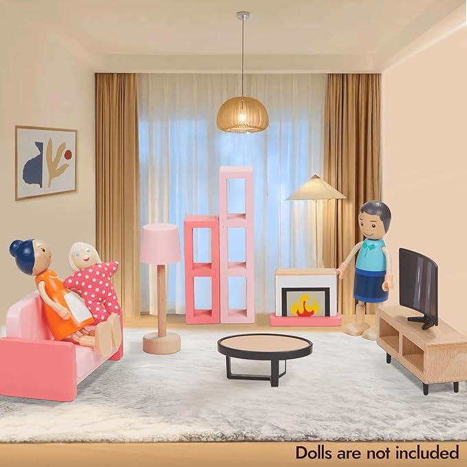 Giant bean 36pcs Wooden Dollhouse Furniture Set with Dolls for 5 Rooms, Wood & Plastic Pink Dollhouse Accessories Pretend Play Furniture Toy Christmas Birthday Gift Toy for Kids Boys Girls Toddler 3+