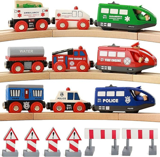 Wooden Train Set for Toddlers Battery Operated Action Rescue Trains with 3 Magnetic Motorized Engines and 6 Cars, Compatible with Thomas, Brio, Melissa and Doug