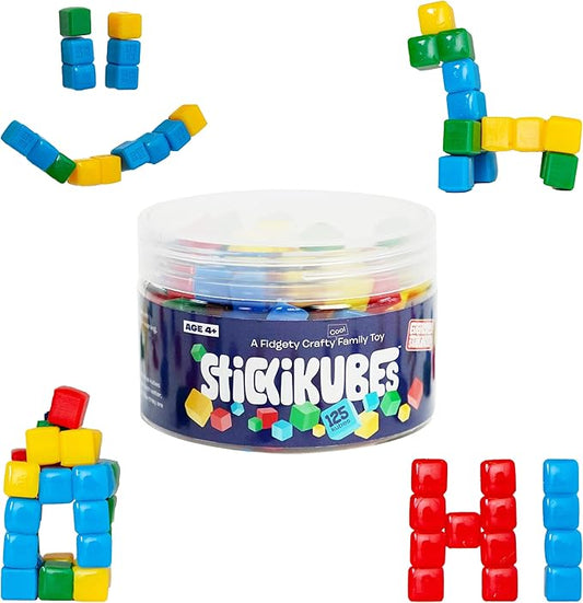 KOMARC GAMES StickiKubes, Mini Stacking Cubes That Stick to Anything, Non Toxic Kid Safe Sticky Blocks, Creative Construction Toy - 125 Cubes, 4 Colors, Tub
