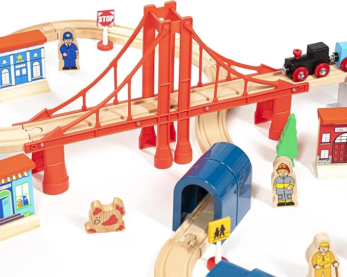 inc. Giant 60 pc Wooden Train Set - Complete Toy Railway w/Tracks, Engine, Cars, Bridges, Stations, People, Signs. Genuine Hardwood, Compatible with All Major Brand Accessories