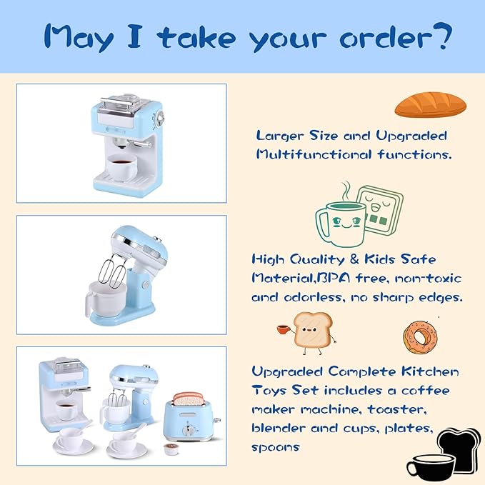 Pretend Play Kitchen Appliances Toy Set, Kids Kitchen Accessories Set with Coffee Maker, Toaster, Mixer with Light and Sound, Gift for Girls Boys Kids Ages 3 4 5 6 7 8(Blue)