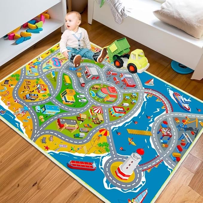 Kids car Rug playmat with Non-Slip Backing for Boys and Girls playroom, Parent-Child Interactive Play Carpet
