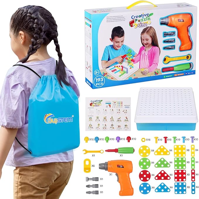 STEM Drill & Build Kit for Kids Ages 3-8 | Electric Toy Drill with 193+ Pieces (Screws, Nuts, Rainbow Fasteners) | Creative Design Construction Toys for Boys Girls | Gift for Birthdays, Christmas