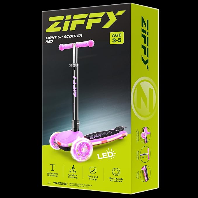 ZIFFY Kids Scooter for Boys & Girls LED Light-Up Wheels, 4 Adjustable Height Handlebars, and Lean-to-Steer Design with Anti-Slip Wide Deck for Stability - Up to 110LBS