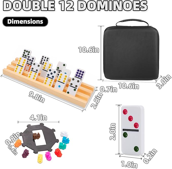 Double 12 Mexican Train Dominoes Set with 8 Wooden Racks & 91 Dot Tiles Portable Travel Board Game for Kids and Adults Family Game Night