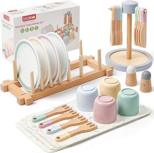 Wooden Play Kitchen Accessories Toys for Toddlers 3-5, Kids Play Kitchen with Realistic Plates & Dishes & Tableware, Montessori Pretend Christmas Birthday Gifts for 3 4 5 6 Years Girls Boys