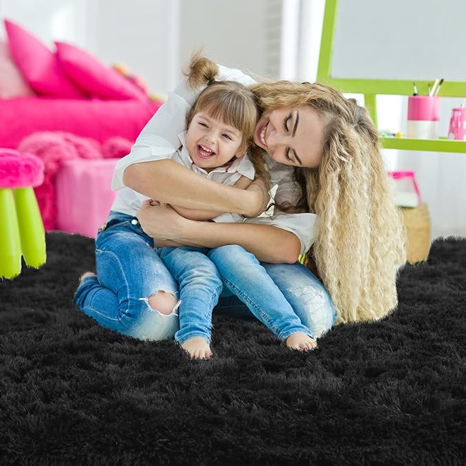 Ompaa 9x12 Area Rug Black Fluffy Living Room Large Carpet for Bedroom Dorm, Non-Slip High Pile, Modern Big Shag Rug for Classroom Kids Playroom Nursery Home Office Decor