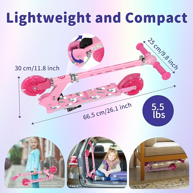 BELEEV V3 Scooter for Kids with Light-Up Wheels & Stem & Deck, 2 Wheel Folding Scooter for Girls Boys, 4 Adjustable Height, Lightweight Kick Scooter with Handy Kickstand for Children Ages 3-12