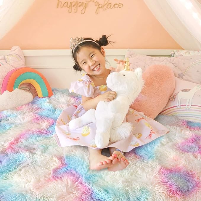 Ompaa Soft Fluffy Rainbow Kids Rug for Girls Bedroom Carpets, 6x9 Feet, Pastel Unicorn Room Decor, Kawaii Tie Dye Rugs for Teens Dorm Aesthetic, Shaggy Nursery Area Rug for Baby Toddler Princess Room
