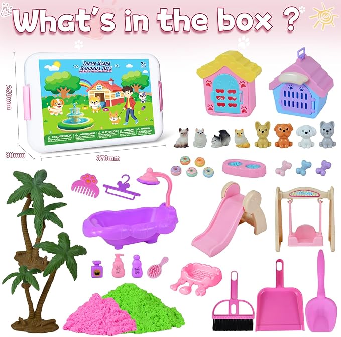 Pet Sensory Bin, Cat and Dog Sensory Bin for Toddlers Kids, Sensory Play Sand Art Kit Set with Sandbox & Tools & Pet Care Set, Indoor Outdoor Pretend Play Beach Toy Gift for Girls Boys 3 4 5 6 7 8
