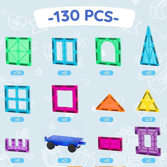 Bmag 130PCS Magnetic Tiles Building Blocks, Clear 3D Magnet Blocks Construction Playboards for Kids Christmas Toy Gift for Toddlers, Educational STEM Preschool Toys for Boys Girls 3 4 5 6 7 8 9+ years