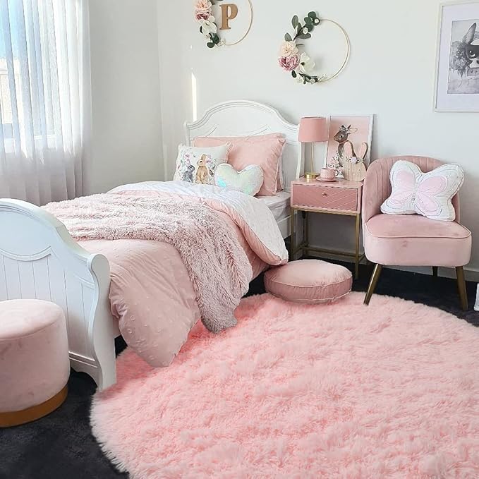 Amdrebio Pink Round Area Rugs 8Ft for Living Room, Bedroom Decor, Soft Large Circle Rug for Kids Room, Teen Girls, Fluffy Big Carpets for Baby Nursery, Dorm, Classroom, Cute Kawaii Princess Carpet