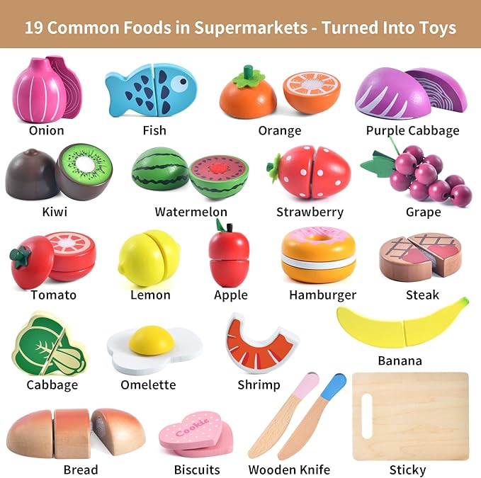 WHOHOLL Wooden Play Food for Kids Kitchen Playset, Play Kitchen Accessories Pretend Cutting Food Montessori Toys for 3+ Year Old with Basket, Toy Food for Fine Motor Skills