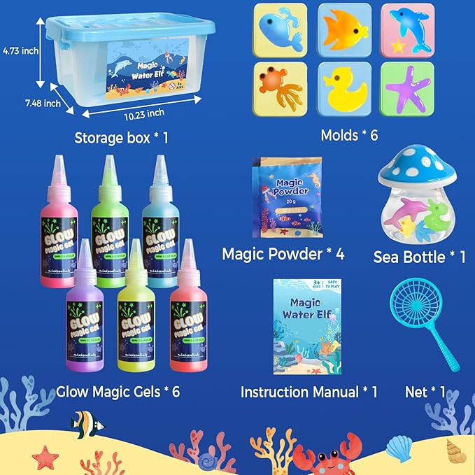 Magic Water Elf Toy Kit - Glow in The Dark Aqua Gel 6 Colors with 6 Molds - Magic Squishy Maker Water Fairies - Christmas Gift Birthday Party Favors DIY STEM Toy for 3-8 Years Old Kids