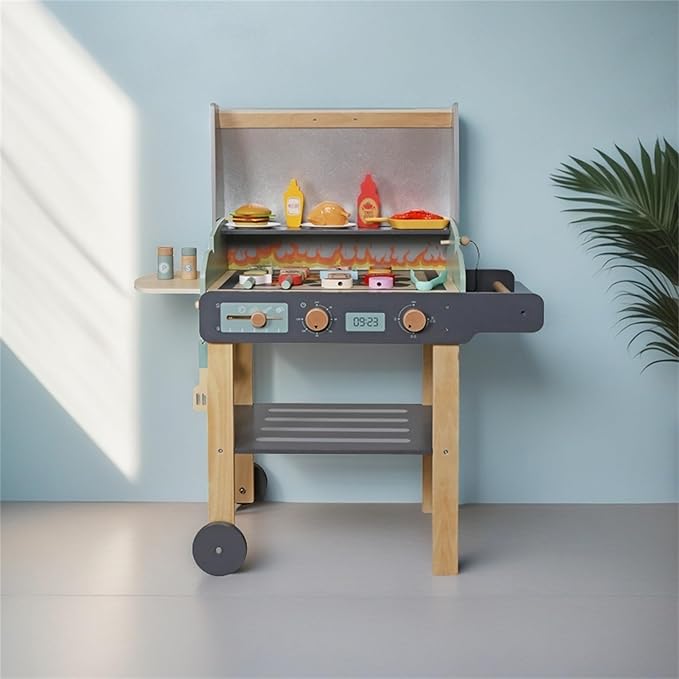 Wooden Play Barbecue Toy Grill, Kids BBQ Playset with Toy Food and Grilling Tools, Cooking Interactive Toys Christmas Birthday Gift for Toddlers Girls Boys 3-6