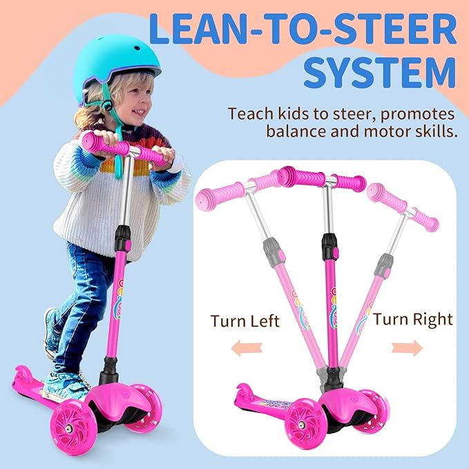 BELEEV A1 Scooter for Kids Ages 2-6, 3 Wheel Kick Scooter for Toddlers Girls Boys, Light up Wheels, Adjustable Height, Lean to Steer, Non-Slip Deck, Lightweight Push Scooter for Children